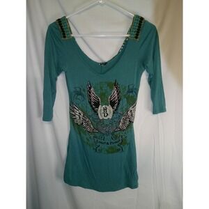 HD Lounge Proud Teal Embellished‎ Top 3/4 Sleeve V Neck Blouse Size Large